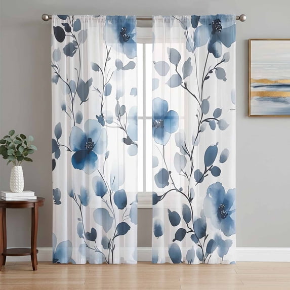 Sheer Curtain Panels Watercolor Blue Flowers Rod Pocket Voile Window Curtains Spring Floral Window Treatments Ligh Filtering Privacy Curtain Drapes for Bedroom Living Room 2 Panel Set 72 Inch Length,