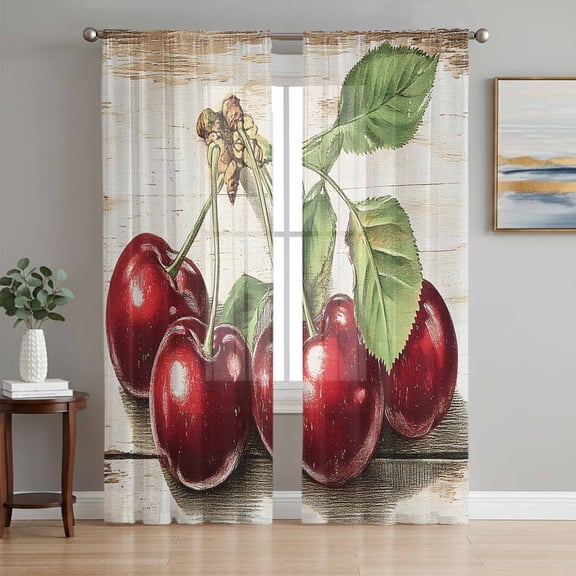 Sheer Curtain Panels Watercolor Cherry Leaf Rod Pocket Voile Window Curtains Beige Vintage Window Treatments Ligh Filtering Privacy Curtain Drapes for Bedroom Living Room 2 Panel Set 108 Inch,