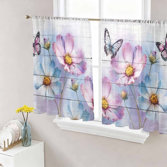 Sheer Curtain Panels Watercolor Flower Butterfly Voile Window Curtains Vintage Floral Wood Grain Ligh Filtering Privacy Curtain Drapes for Bedroom Living Room 2 Panel Set 45 Inch Length
