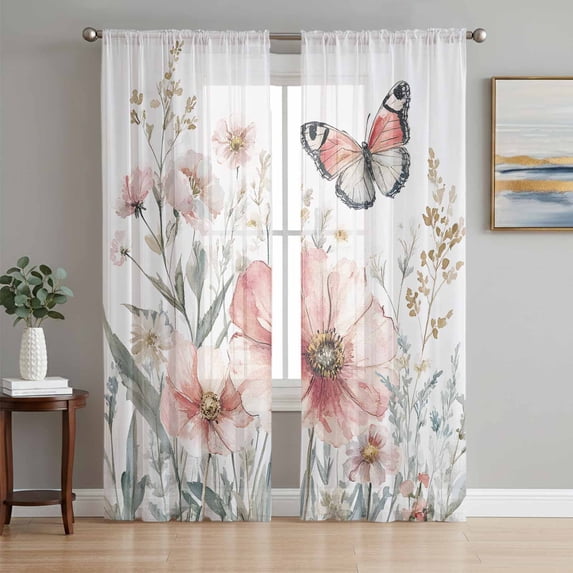 Sheer Curtain Panels Watercolors Pink Flower Butterfly Voile Window Curtains Wildflowers Window Treatments Ligh Filtering Privacy Curtain Drapes for Bedroom Living Room 2 Panel Set 63 Inch