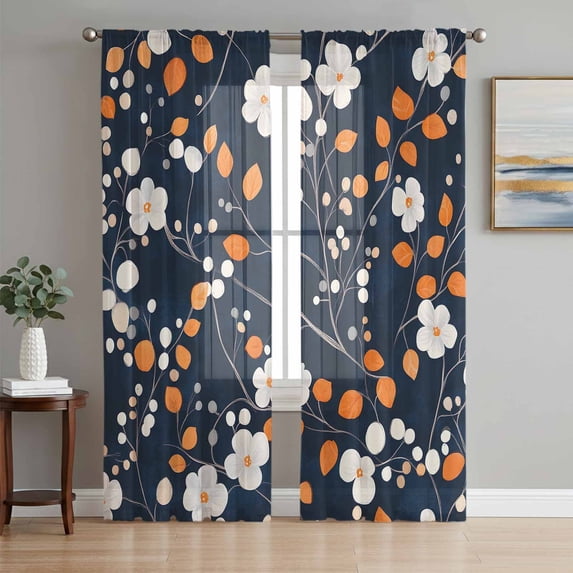 Sheer Curtain Panels White Flowers Rod Pocket Voile Window Curtains Leaf Branch Window Treatments Ligh Filtering Privacy Curtain Drapes for Bedroom Living Room 2 Panel Set 63 Inch Length,