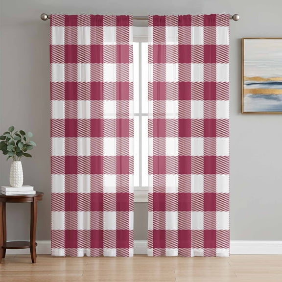 Sheer Curtain Panels Wine Red Buffalo Check Plaid Voile Window Curtains Farmhouse Style Window Treatments Ligh Filtering Privacy Curtain Drapes for Bedroom Living Room 2 Panel Set 108 Inch