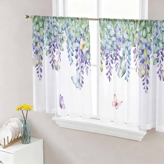 Sheer Curtain Panels Wisteria Green Leaf Voile Window Curtains Butterfly Watercolor Window Treatments Ligh Filtering Privacy Curtain Drapes for Bedroom Living Room 2 Panel Set 45 Inch Length