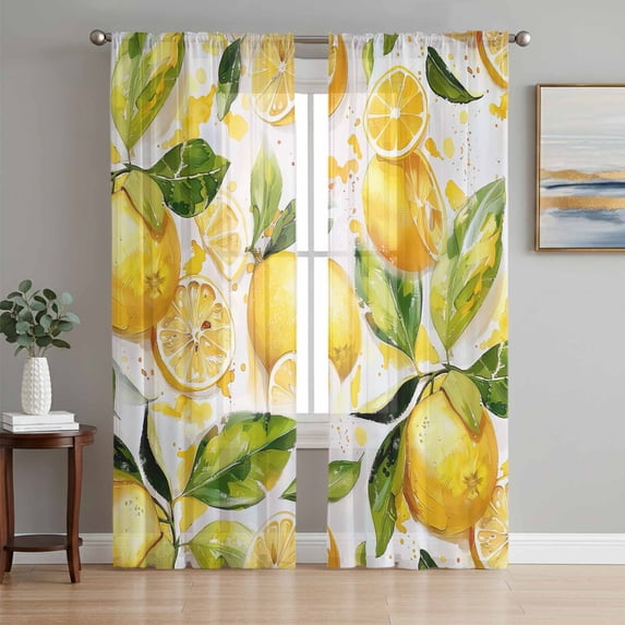 Sheer Curtain Panels Yellow Lemon Leaves Rod Pocket Voile Window Curtains Fruit Window Treatments Ligh Filtering Privacy Curtain Drapes for Bedroom Living Room 2 Panel Set 96 Inch Length,