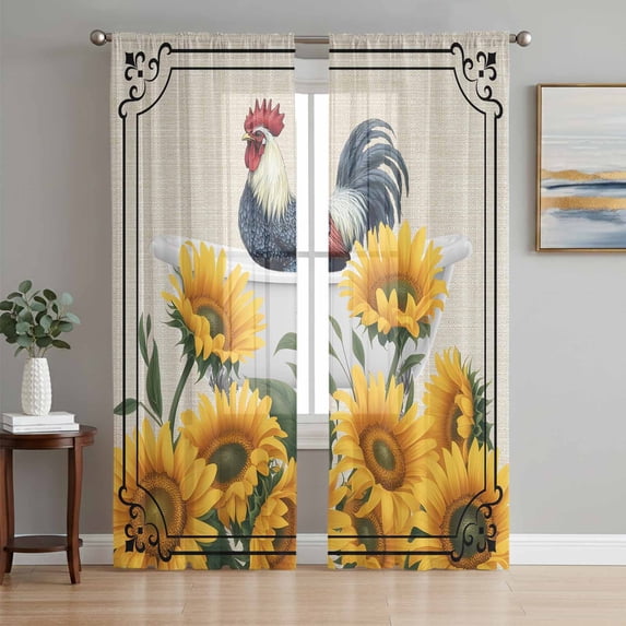 Sheer Curtains 108 Inches Long 2 Panels Set for Living Room, Bathing Roosters Semi Sheer Curtains for Windows, Farmhouse Sunflower Vintage Burlap Voile Window Treatments Rod Pocket Curtain