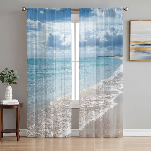 Sheer Curtains 108 Inches Long 2 Panels Set for Living Room, Beach Ocean Semi Sheer Curtains for Windows, Summer Seaside Sea Waves Blue Sky Cloudy Voile Window Treatments Rod Pocket Curtain