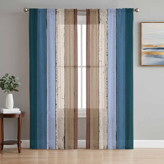 Sheer Curtains 108 Inches Long 2 Panels Set for Living Room, Blue Brown Semi Sheer Curtains for Windows, Farmhouse Wood Grain Vintage Vertical Striped Voile Window Treatments Rod Pocket Curtain