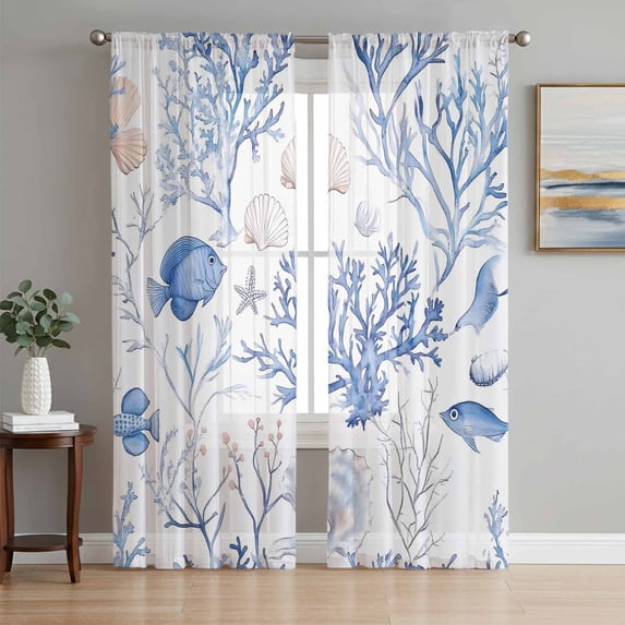 Sheer Curtains 108 Inches Long 2 Panels Set for Living Room, Blue Coastal Semi Sheer Curtains for Windows, Summer Ocean Fish Shell Voile Window Treatments Rod Pocket Curtain