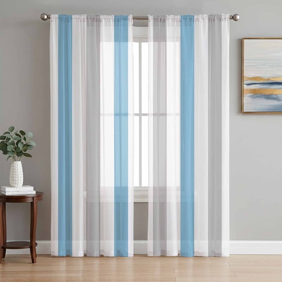 Sheer Curtains 108 Inches Long 2 Panels Set for Living Room, Blue Grey Striped Semi Sheer Curtains for Windows, Geometric Vertical Stripes Minimalist Voile Window Treatments Rod Pocket Curtain