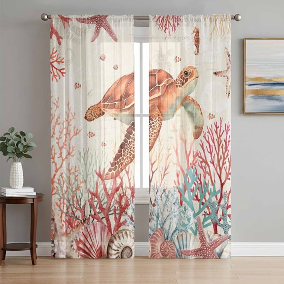 Sheer Curtains 108 Inches Long 2 Panels Set for Living Room, Brown Turtle Coastal Semi Sheer Curtains for Windows, Summer Beach Nautical Coral Shells Starfish Voile Window Treatments Curtain