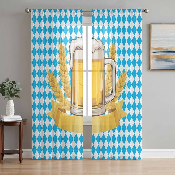 Sheer Curtains 108 Inches Long 2 Panels Set for Living Room, Cartoon Beer Semi Sheer Curtains for Windows, Funny Wheat Abstract Blue White Plaid Voile Window Treatments Rod Pocket Curtain