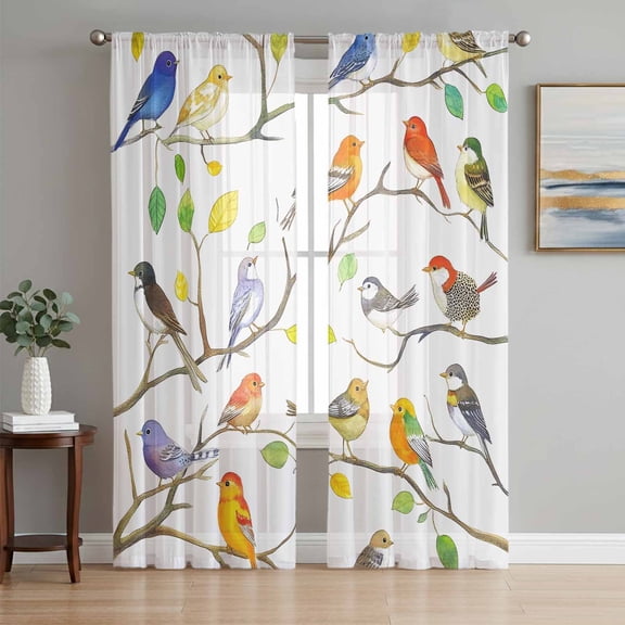 Sheer Curtains 108 Inches Long 2 Panels Set for Living Room, Colorful Birds Semi Sheer Curtains for Windows, Branch Animal Spring Branch Leaf Summer Voile Window Treatments Rod Pocket Curtain