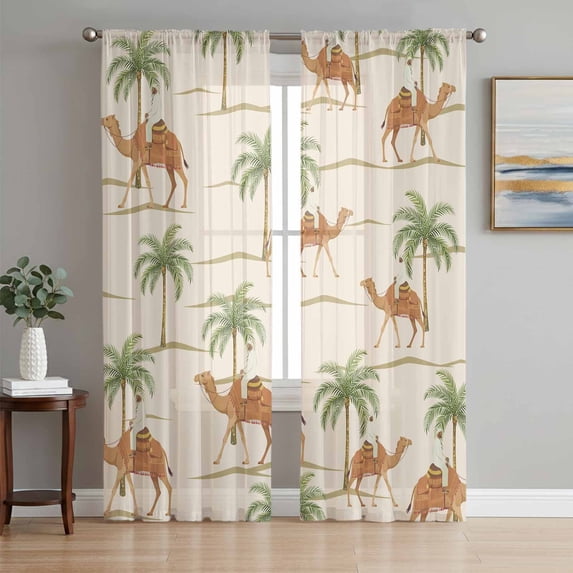Sheer Curtains 108 Inches Long 2 Panels Set for Living Room, Date Coconut Tree Semi Sheer Curtains for Windows, Desert Camels Botanical Tropical Beige Voile Window Treatments Rod Pocket Curtain