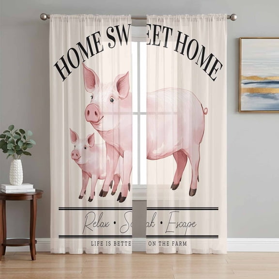 Sheer Curtains 108 Inches Long 2 Panels Set for Living Room, Farmhouse Pig Semi Sheer Curtains for Windows, Watercolor Cute Animals Retro Art Voile Window Treatments Rod Pocket Curtain