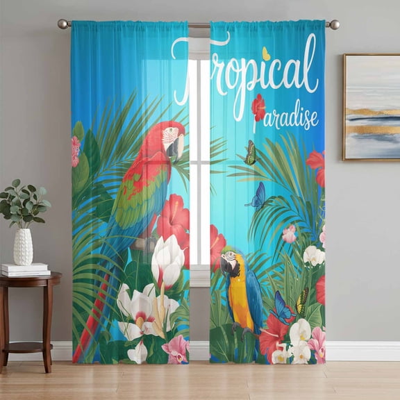 Sheer Curtains 108 Inches Long 2 Panels Set for Living Room, Flowers Birds Semi Sheer Curtains for Windows, Summer Botanical Floral Watercolor Butterfly Voile Window Treatments Rod Pocket Curtain