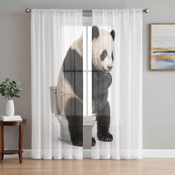 Sheer Curtains 108 Inches Long 2 Panels Set for Living Room, Funny Panda Semi Sheer Curtains for Windows, Cute Art Fun Lovely Animals on Toilets Voile Window Treatments Rod Pocket Curtain
