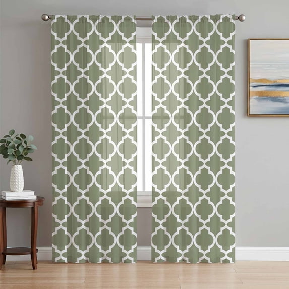Sheer Curtains 108 Inches Long 2 Panels Set for Living Room, Green Morocco Semi Sheer Curtains for Windows, Boho Farmhouse Abstract Geometric Simple Voile Window Treatments Rod Pocket Curtain