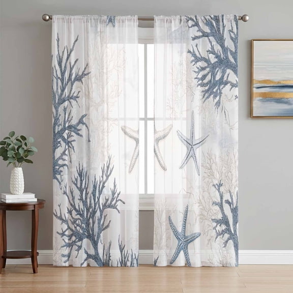 Sheer Curtains 108 Inches Long 2 Panels Set for Living Room, Grey Coastal Semi Sheer Curtains for Windows, Summer Beach Starfish Coral Nautical Voile Window Treatments Rod Pocket Curtain