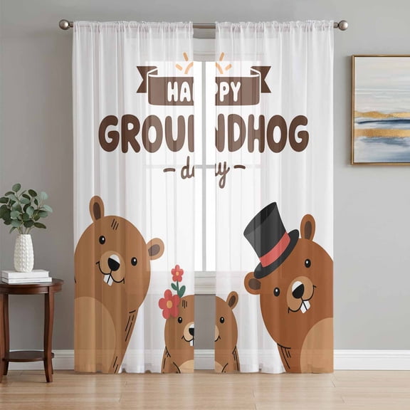 Sheer Curtains 108 Inches Long 2 Panels Set for Living Room, Groundhog Day Semi Sheer Curtains for Windows, Cartoon Funny Modern Farmhouse Country Cute Voile Window Treatments Rod Pocket Curtain