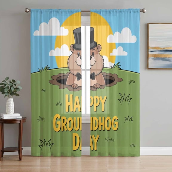 Sheer Curtains 108 Inches Long 2 Panels Set for Living Room, Happy Groundhog Day Semi Sheer Curtains for Windows, Cartoon Ground Hog Grass Sun Sky Blue Voile Window Treatments Rod Pocket Curtain