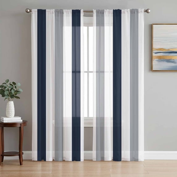 Sheer Curtains 108 Inches Long 2 Panels Set for Living Room, Navy Blue Gray Striped Semi Sheer Curtains for Windows, Farmhouse Stripe Art Voile Window Treatments Rod Pocket Curtain