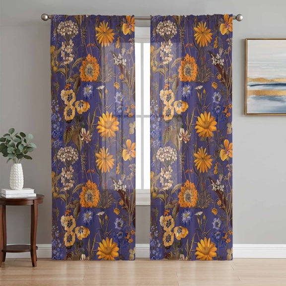 Sheer Curtains 108 Inches Long 2 Panels Set for Living Room, Orange Purple Spring Floral Semi Sheer Curtains for Windows, Vintage Botanical Summer Flower Voile Window Treatments Rod Pocket Curtain