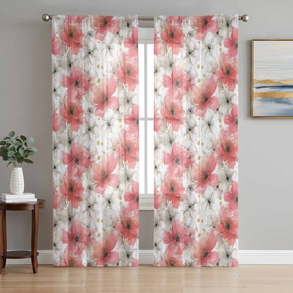 Sheer Curtains 108 Inches Long 2 Panels Set for Living Room, Spring Flowers Semi Sheer Curtains for Windows, Farmhouse Chinese Pink White Floral Voile Window Treatments Rod Pocket Curtain