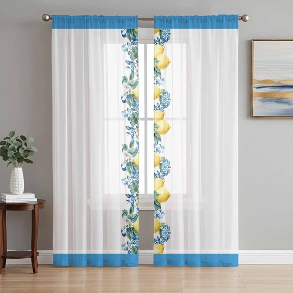 Sheer Curtains 108 Inches Long 2 Panels Set for Living Room, Summer Lemon Semi Sheer Curtains for Windows, Pastoral Tropical Fruit Botanical Striped Voile Window Treatments Rod Pocket Curtain