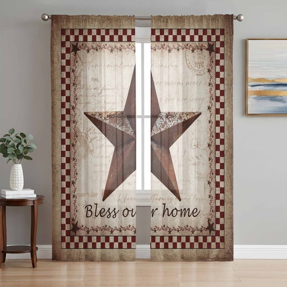 Sheer Curtains 108 Inches Long 2 Panels Set for Living Room, Texas Star Vintage Semi Sheer Curtains for Windows, Bless Our Home Western Stars Country Voile Window Treatments Rod Pocket Curtain
