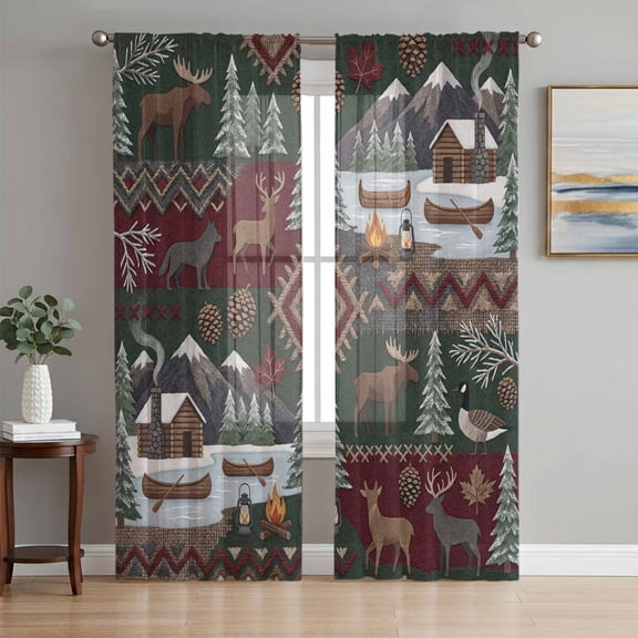 Sheer Curtains 108 Inches Long 2 Panels Set for Living Room, Western Boho Semi Sheer Curtains for Windows, Farmhouse Country Rustic Chic Wild Nature Cabin Deer Voile Window Treatments Curtain