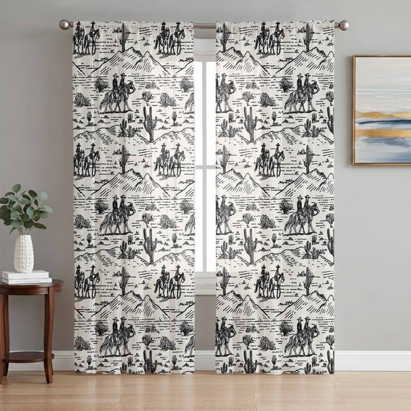 Sheer Curtains 108 Inches Long 2 Panels Set for Living Room, Western Cowboys Semi Sheer Curtains for Windows, Vintage Desert Canyon Cactus Horseshoe Voile Window Treatments Rod Pocket Curtain