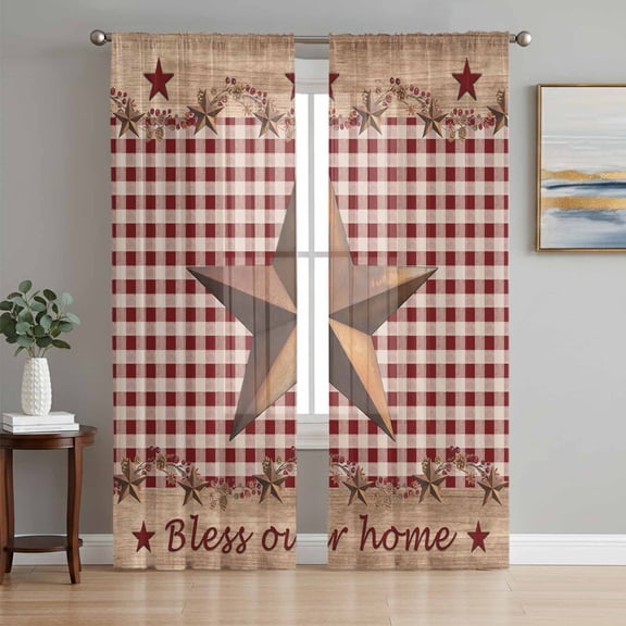 Sheer Curtains 108 Inches Long 2 Panels Set for Living Room, Western Texas Star Vintage Semi Sheer Curtains for Windows, Rustic Wreath Wood Red Plaid Voile Window Treatments Rod Pocket Curtain