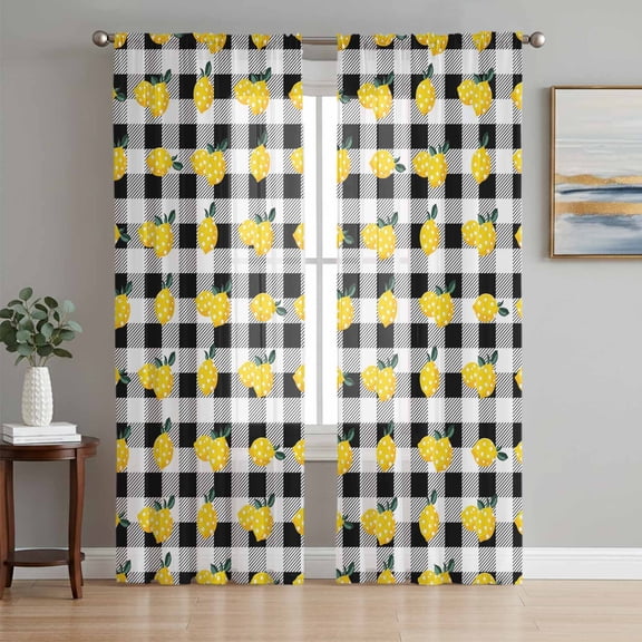Sheer Curtains 108 Inches Long 2 Panels Set for Living Room, Yellow Lemons Semi Sheer Curtains for Windows, Summer Botanical Black White Checkered Voile Window Treatments Rod Pocket Curtain
