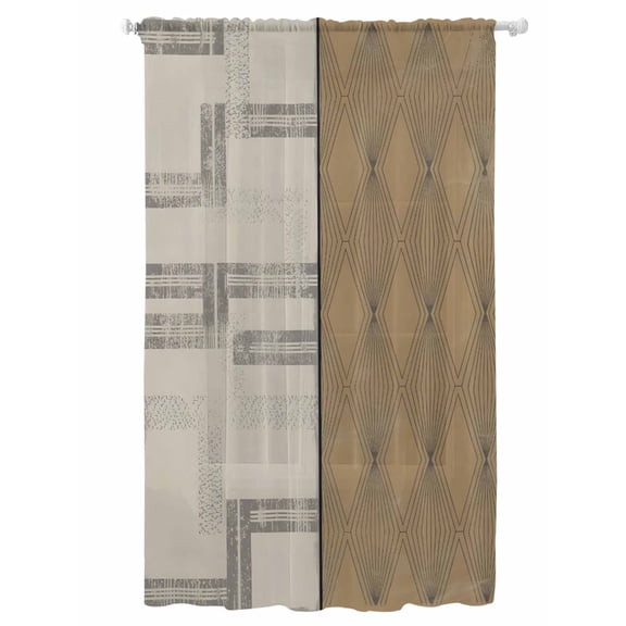 Sheer Curtains 108 Inches Long, Beige Yellow Textured Semi Sheer Curtains Light Filtering Window Treatment, Vintage Art Farmhouse Striped Privacy Voile Drapes for Living Room Bedroom 52x108 Inch