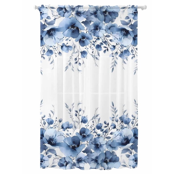 Sheer Curtains 108 Inches Long, Blue Blooms Floral Semi Sheer Curtains Light Filtering Window Treatment, Farmhouse Spring Flowers Botanical Privacy Voile Drapes for Living Room Bedroom 52x108 Inch