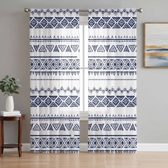 Sheer Curtains 108 Inches Long, Blue Boho Stripes Light Filtering Window Curtains for Living Room, Minimalist Geometric Tribal Ethnic Rod Pocket Voile Sheer Curtain Drapes, 52"W x 108"L, 2 Panels