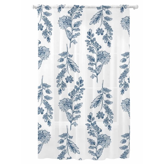 Sheer Curtains 108 Inches Long, Blue Botanical Semi Sheer Curtains Light Filtering Window Treatment, Pastoral Elegant Spring Floral Privacy Voile Drapes for Living Room Bedroom 52x108 Inch