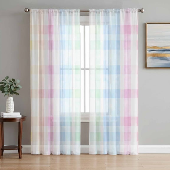 Sheer Curtains 108 Inches Long, Blue Pink Plaid Light Filtering Window Curtains for Living Room, Pastel Green White Buffalo Patchwork Rod Pocket Voile Sheer Curtain Drapes, 52"W x 108"L, 2 Panels