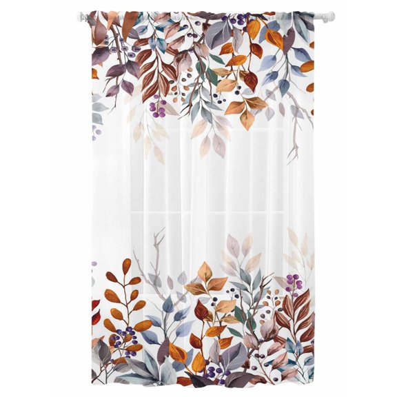 Sheer Curtains 108 Inches Long, Brown Eucalyptus Leaves Semi Sheer Curtains Light Filtering Window Treatment, Summer Botanical Watercolor Leaf Privacy Voile Drapes for Living Room 52x108 Inch