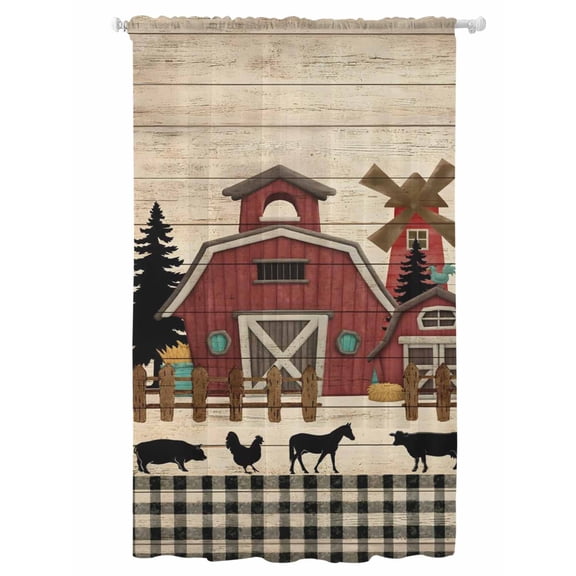 Sheer Curtains 108 Inches Long, Brown Farmhouse Semi Sheer Curtains Light Filtering Window Treatment, Vintage Country Animals Wood Grain Plaid Privacy Voile Drapes for Living Room 52x108 Inch