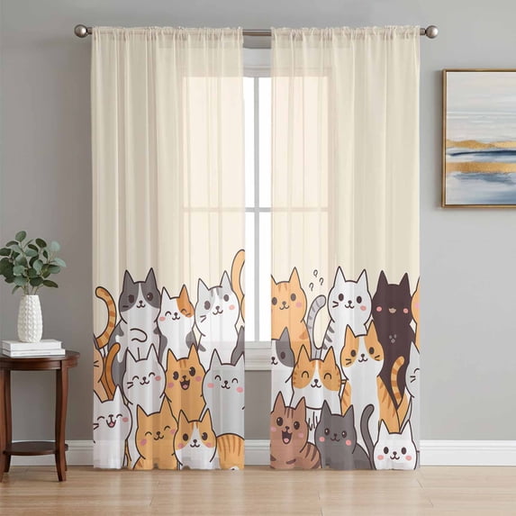 Sheer Curtains 108 Inches Long, Cartoon Cat Light Filtering Window Curtains for Living Room/Bedroom, Modern Simple Funny Cute Animals Art Rod Pocket Voile Sheer Curtain Drapes, 52"W x 108"L, 2 Panels