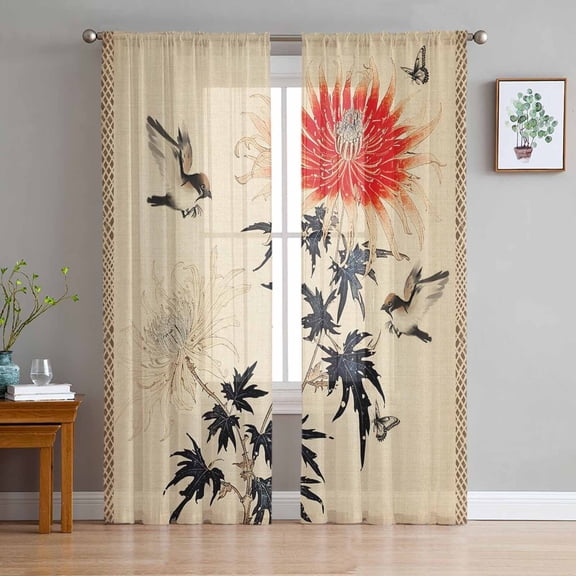 Sheer Curtains 108 Inches Long, Classical Spring Summer Plant Light Filtering Window Curtains for Living Room/Bedroom, Retro Flower Bird, Rod Pocket Voile Sheer Curtain Drapes, 52"W x 108"L, 2 Panels