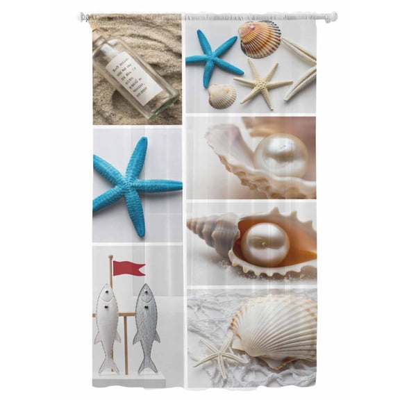 Sheer Curtains 108 Inches Long, Coastal Starfish Semi Sheer Curtains Light Filtering Window Treatment, Beach Lighthouse Conch Shell Ocean Pearl Privacy Voile Drapes for Living Room 52x108 Inch