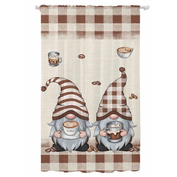Sheer Curtains 108 Inches Long, Coffee Gnomes Semi Sheer Curtains Light Filtering Window Treatment, Coffee Cups Beans Beige Plaid Privacy Voile Drapes for Living Room Bedroom 52x108 Inch