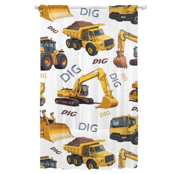Sheer Curtains 108 Inches Long, Construction Truck Semi Sheer Curtains Light Filtering Window Treatment, Cartoon Grips and Bulldozers Stirrup Car Privacy Voile Drapes for Living Room 52x108 Inch