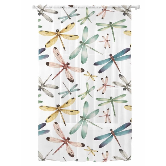 Sheer Curtains 108 Inches Long, Dragonfly Semi Sheer Curtains Light Filtering Window Treatment, Watercolor Colorful Nature Painting Art Privacy Voile Drapes for Living Room Bedroom 52x108 Inch