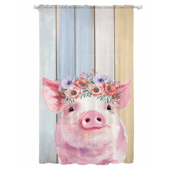 Sheer Curtains 108 Inches Long, Farmhouse Pig Semi Sheer Curtains Light Filtering Window Treatment, Spring Floral Farm Animal Wooden Privacy Voile Drapes for Living Room Bedroom 52x108 Inch