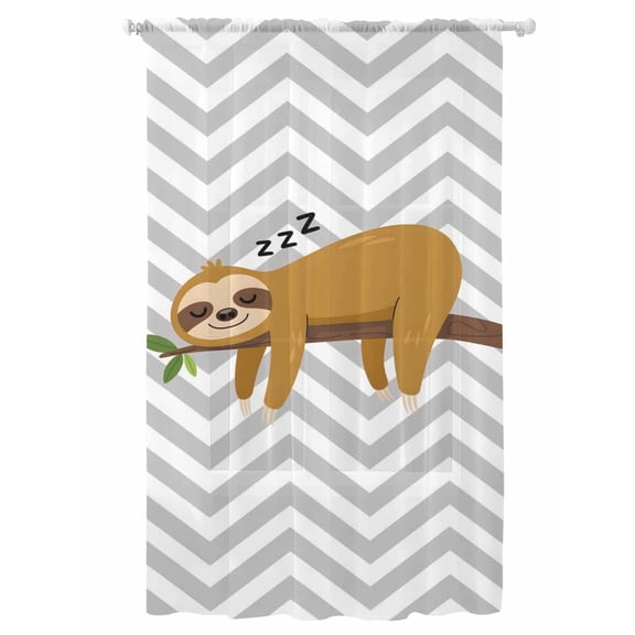 Sheer Curtains 108 Inches Long, Funny Sloth Semi Sheer Curtains Light Filtering Window Treatment, Cute Watercolor Animals on Branch Grey Stripe Privacy Voile Drapes for Living Room 52x108 Inch