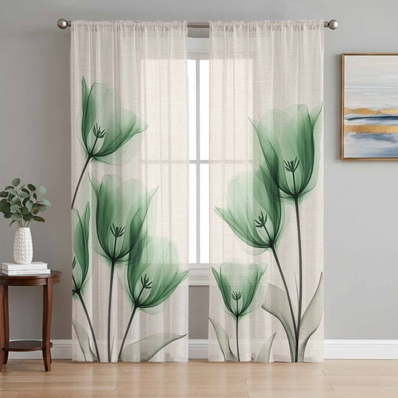 Sheer Curtains 108 Inches Long, Green Floral Light Filtering Window Curtains for Living Room, Elegant Tulip Vintage Wildflower Plant Rod Pocket Voile Sheer Curtain Drapes, 52"W x 108"L, 2 Panels