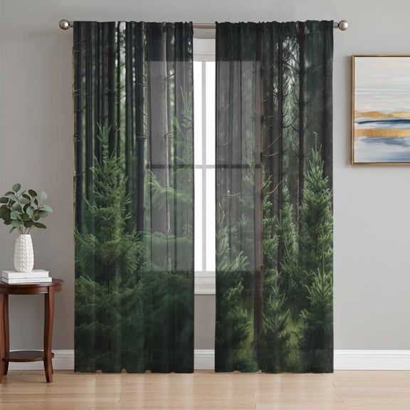 Sheer Curtains 108 Inches Long, Green Forest Light Filtering Window Curtains for Living Room, Mysterious Primitive Forest Pine Tree Rod Pocket Voile Sheer Curtain Drapes, 52"W x 108"L, 2 Panels
